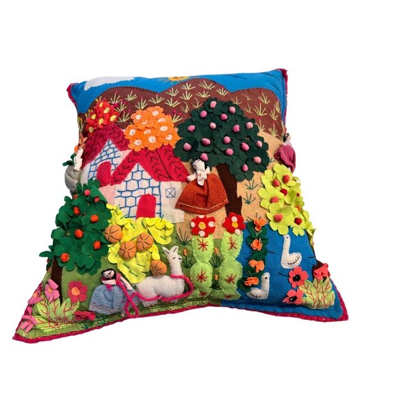 Handmade Peruvian Aspiralla Folk art 3D Embroidered Pillow Whimsical Landscape - Picture 2 of 13
